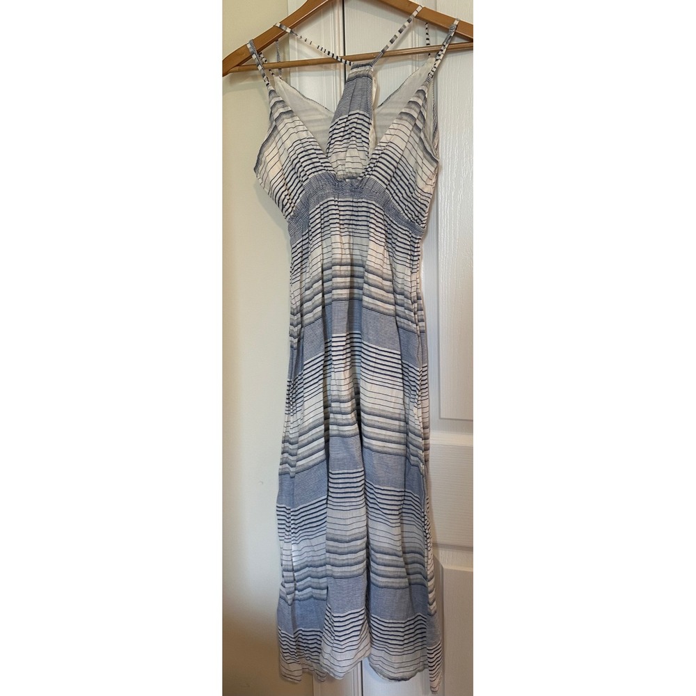 Line & Dot Blue White Striped Maxi Dress Smocked‎ Empire Waist V-Neck Small